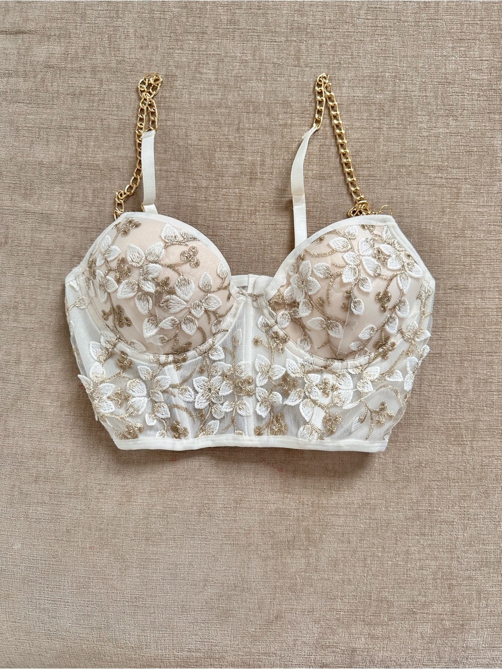 Elegant White & Gold Embroidered Longline Bralette with Chain Straps